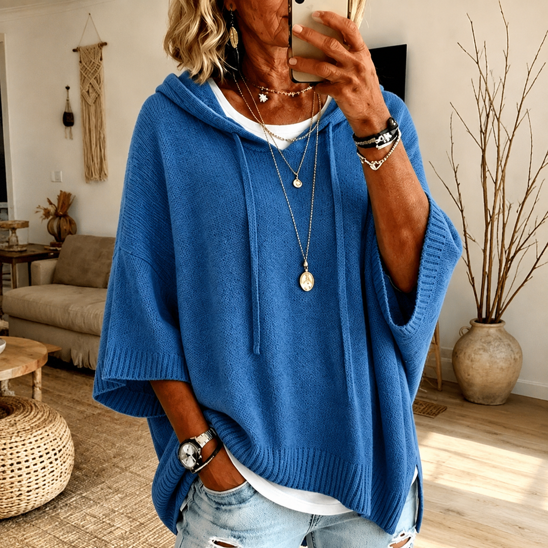 Blue Hooded Poncho Sweater