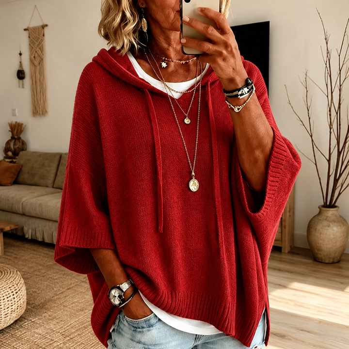 Red Hooded Poncho Sweater