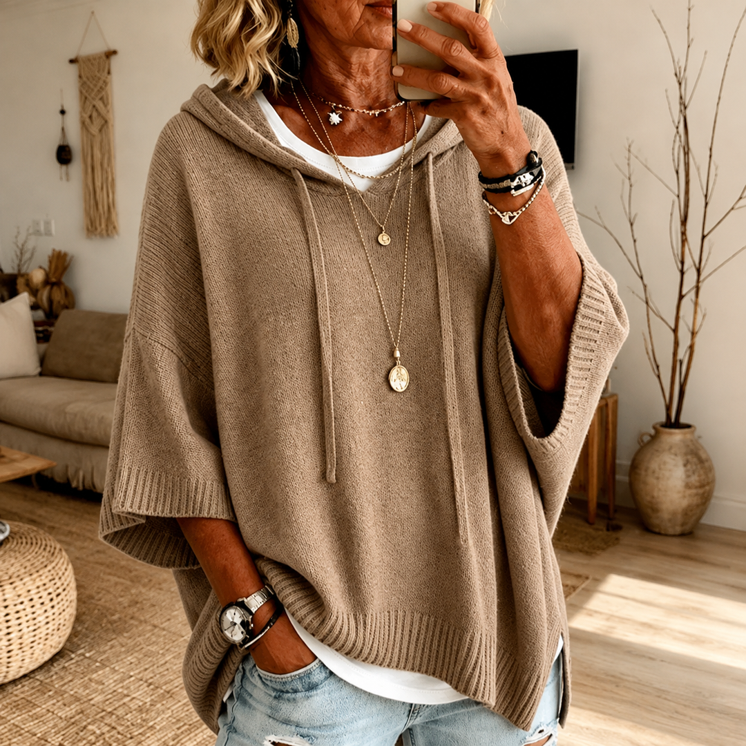 Taupe Hooded Poncho Sweater