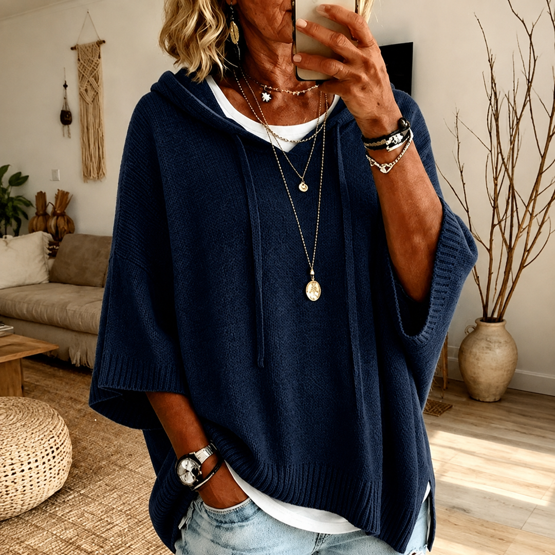 Navy Blue Hooded Poncho Sweater