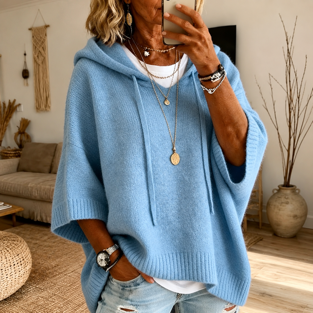 Sky Blue Hooded Poncho Sweater