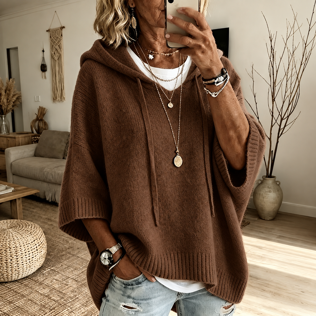 Brown Hooded Poncho Sweater