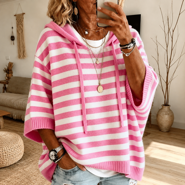 Pink Striped Hooded Poncho Sweater