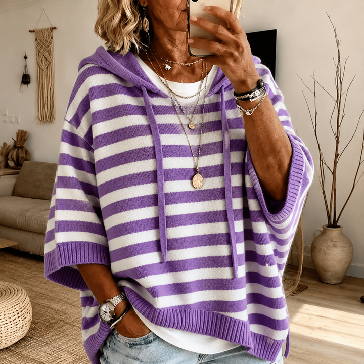 Purple Striped Hooded Poncho Sweater
