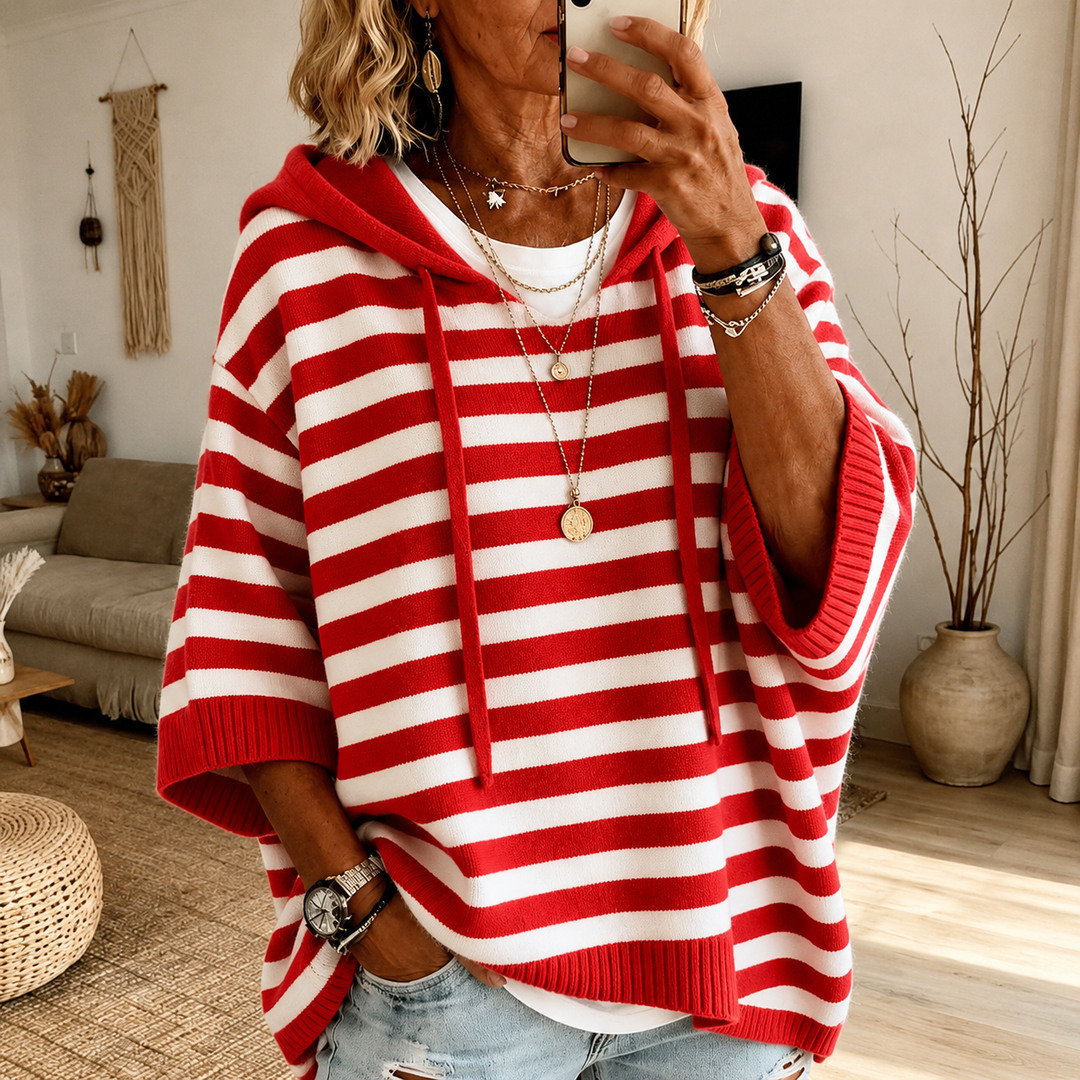 Red Striped Hooded Poncho Sweater