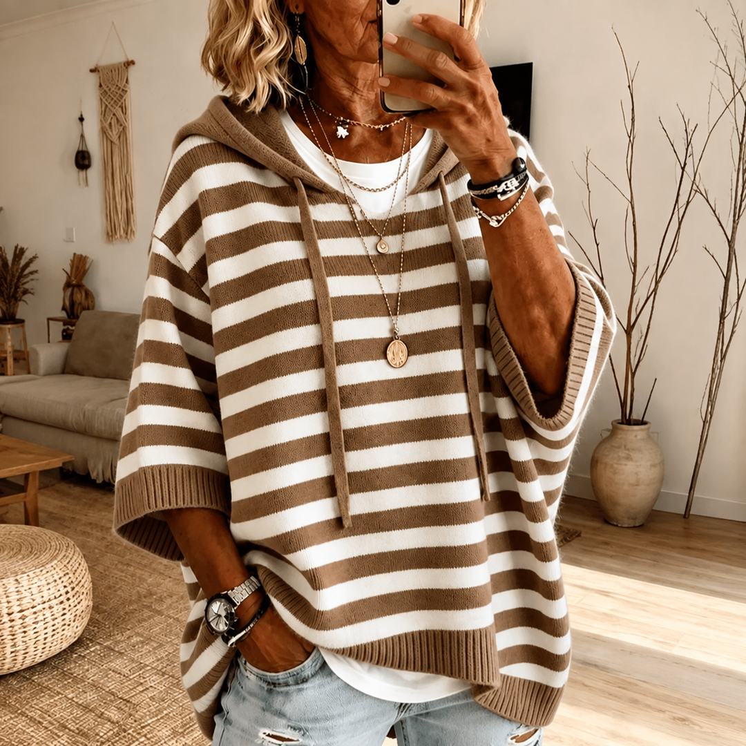 Taupe Striped Hooded Poncho Sweater