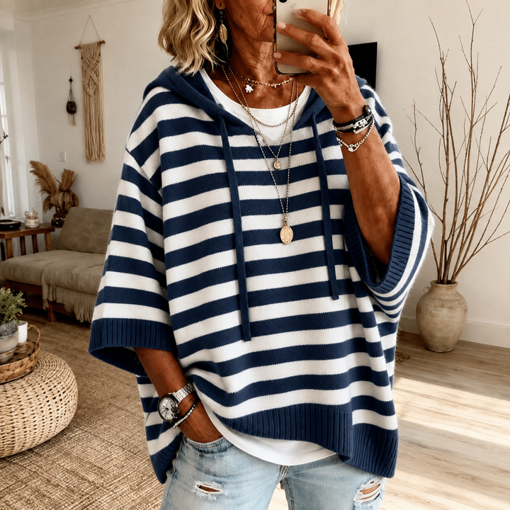 Navy Blue Striped Hooded Poncho Sweater