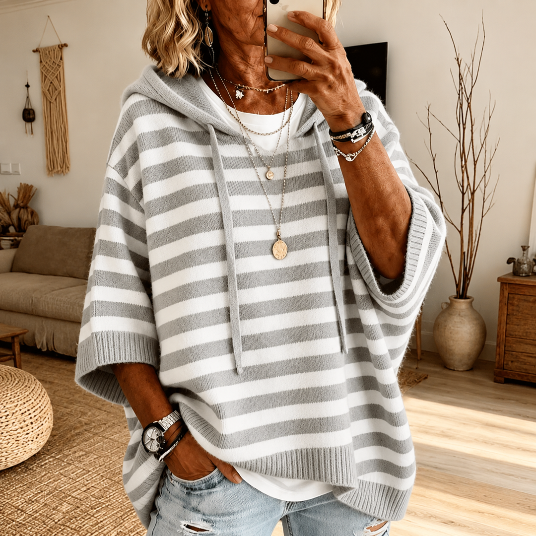 Gray Striped Hooded Poncho Sweater