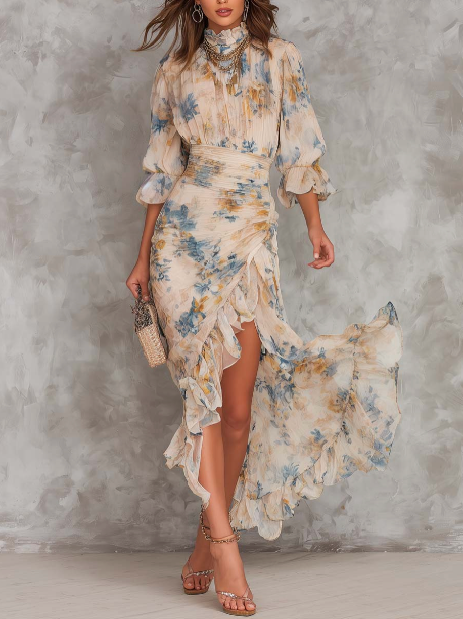 Beige Turtleneck Oil Painting Floral Print Chiffon Maxi Dress