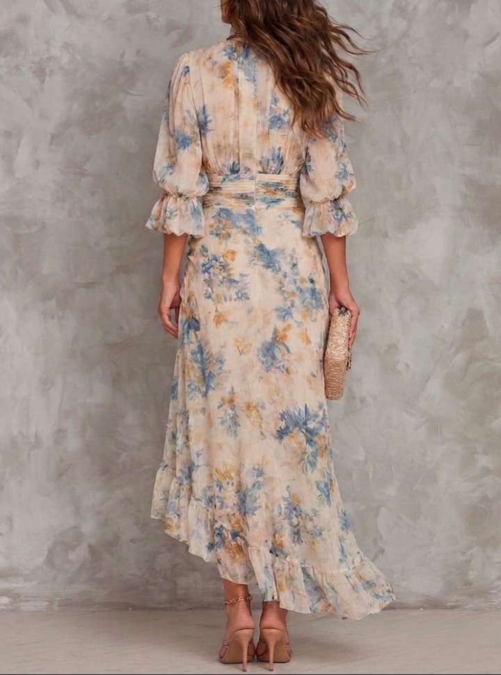 Beige Turtleneck Oil Painting Floral Print Chiffon Maxi Dress