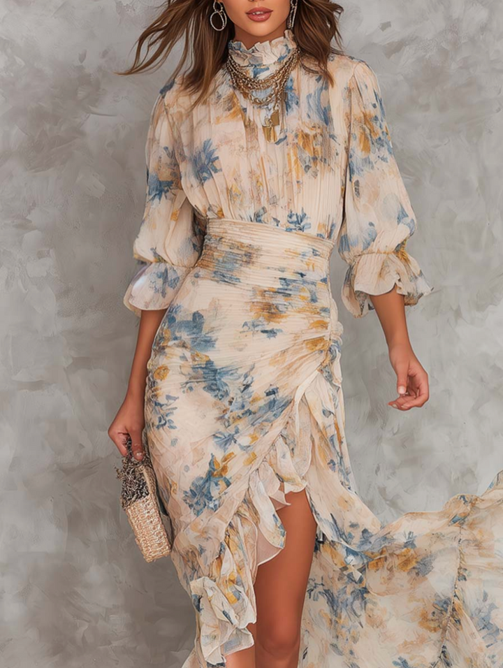 Beige Turtleneck Oil Painting Floral Print Chiffon Maxi Dress
