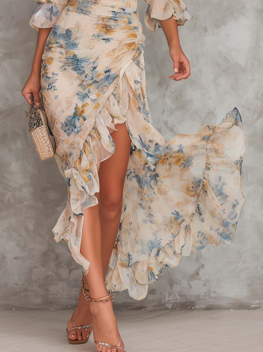 Beige Turtleneck Oil Painting Floral Print Chiffon Maxi Dress