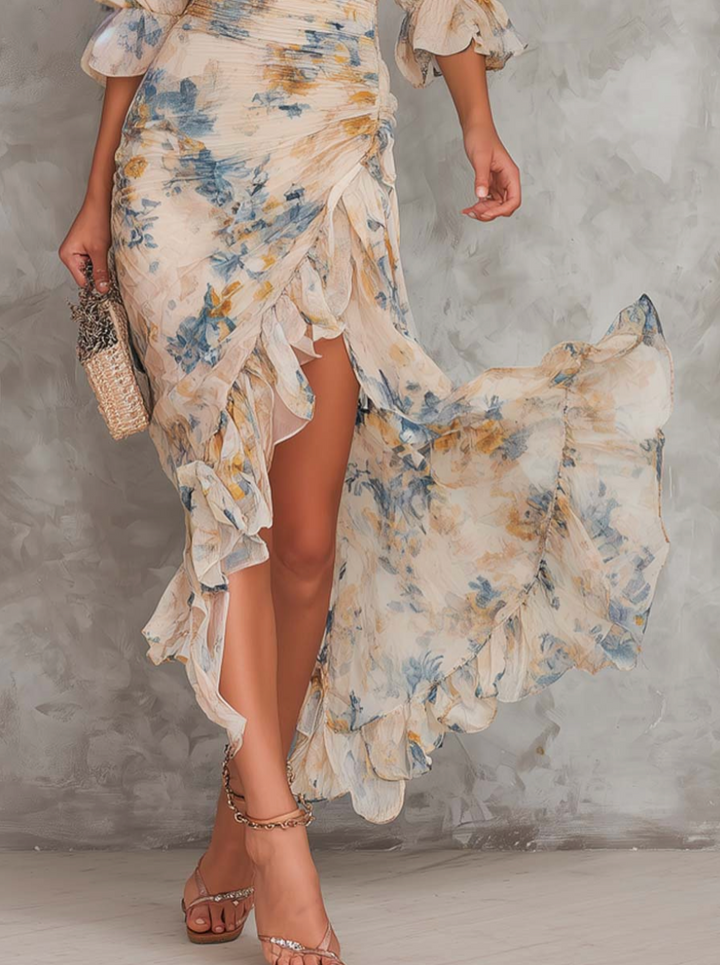Beige Turtleneck Oil Painting Floral Print Chiffon Maxi Dress