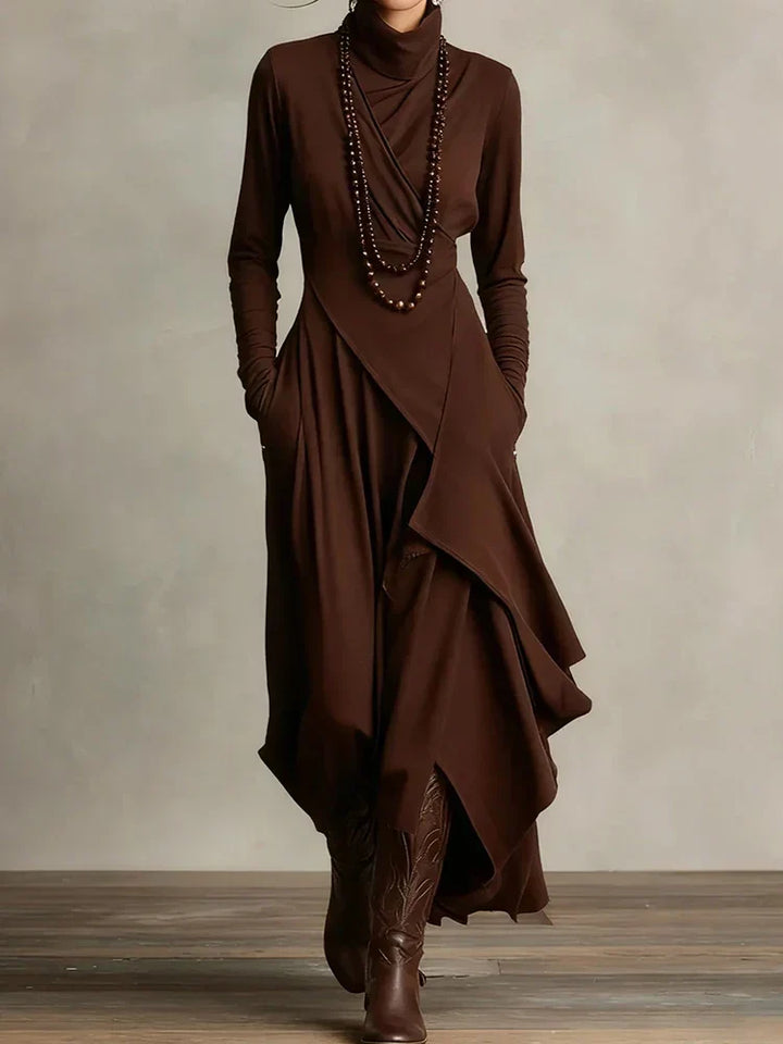 Asymmetrical Knit Maxi Dress with Turtleneck