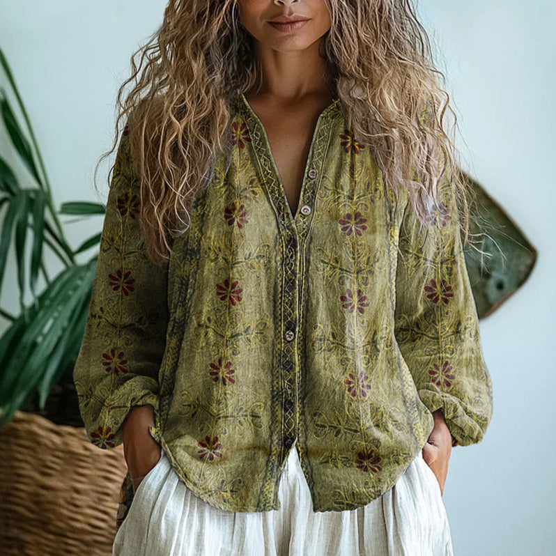 Vintage Leaf Print Blouse