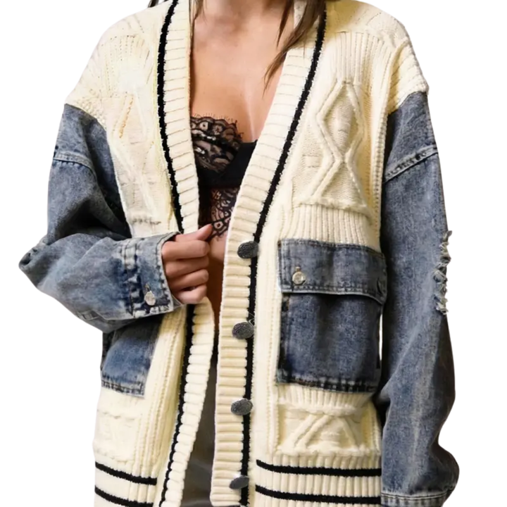 Relaxed Denim Patchwork Knit Cardigan