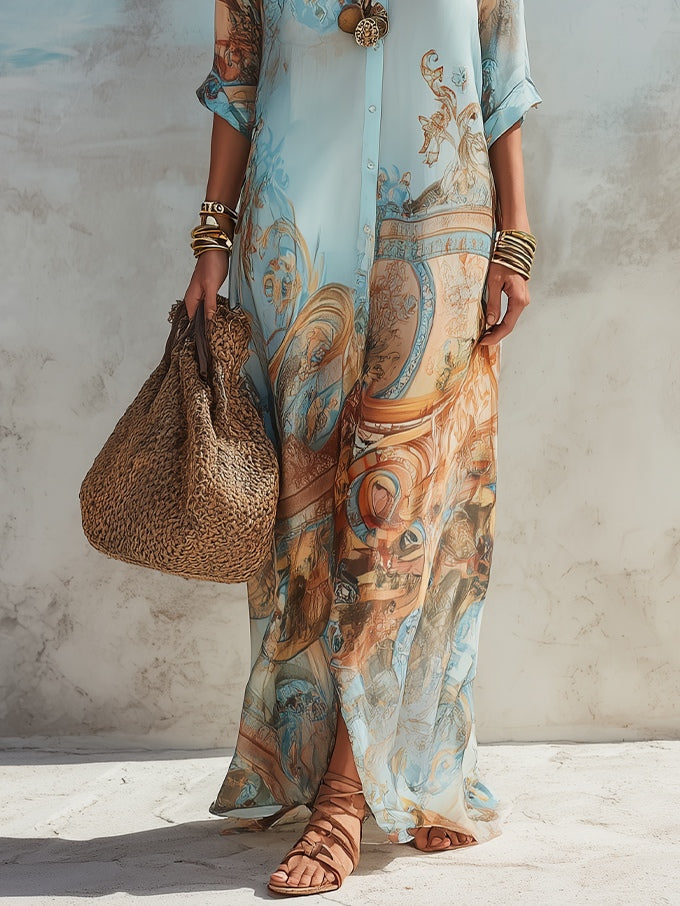 Mediterranean Striped Shirt Maxi Dress