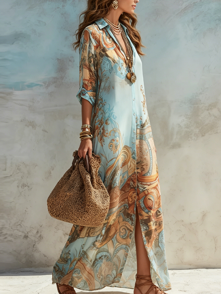 Mediterranean Striped Shirt Maxi Dress