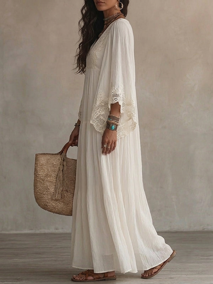 White V-Neck Maxi Dress