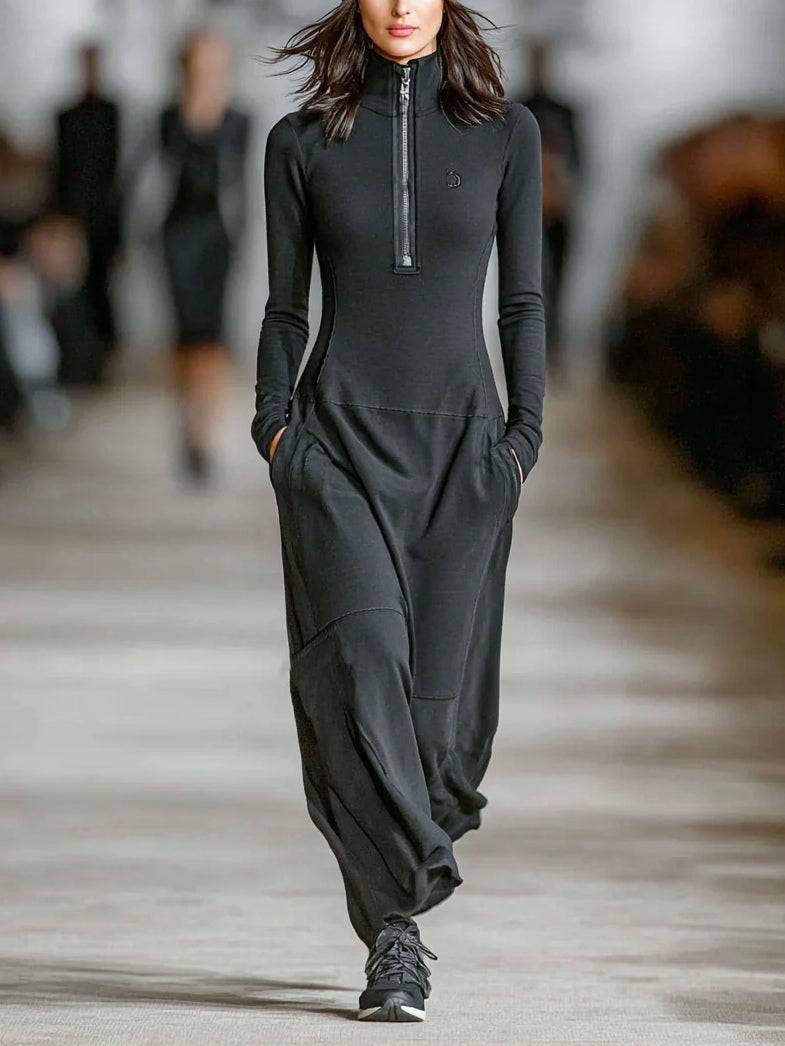 Black Turtleneck Zip Maxi Dress