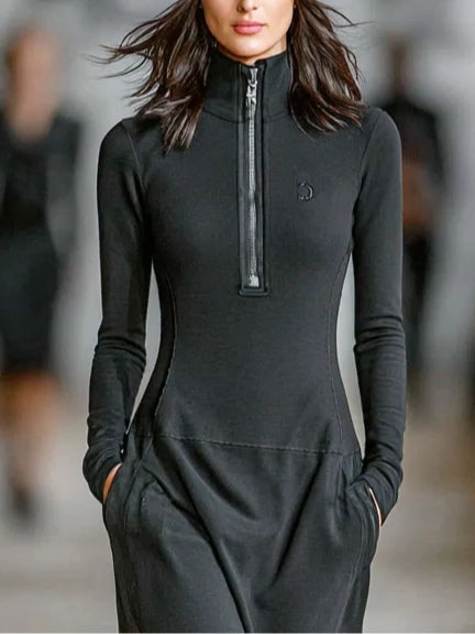 Black Turtleneck Zip Maxi Dress