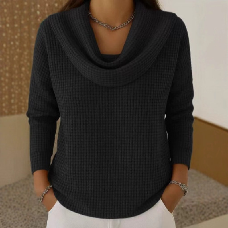 Warm Waffle Sweater with Elegant Waterfall Neck