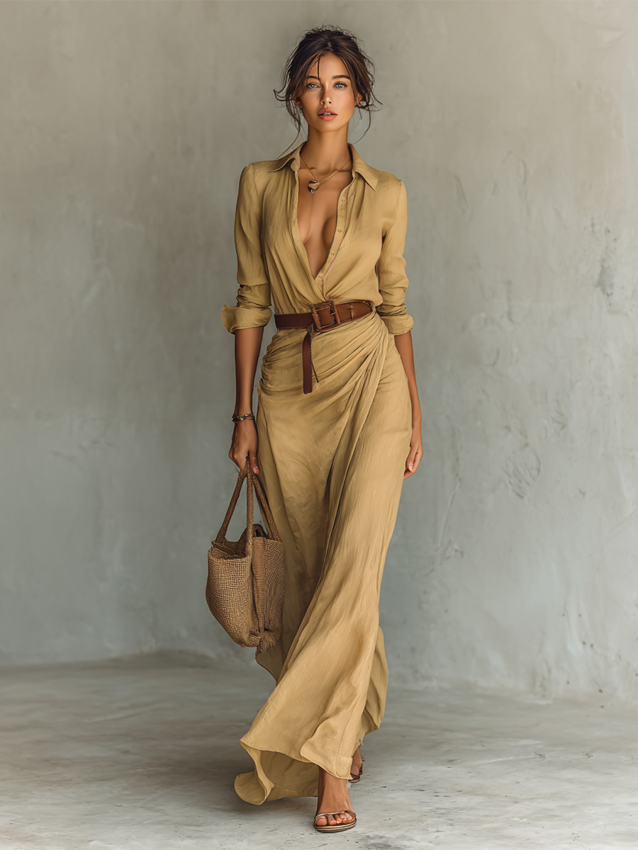 Long Maxi Dress with Lapel Collar