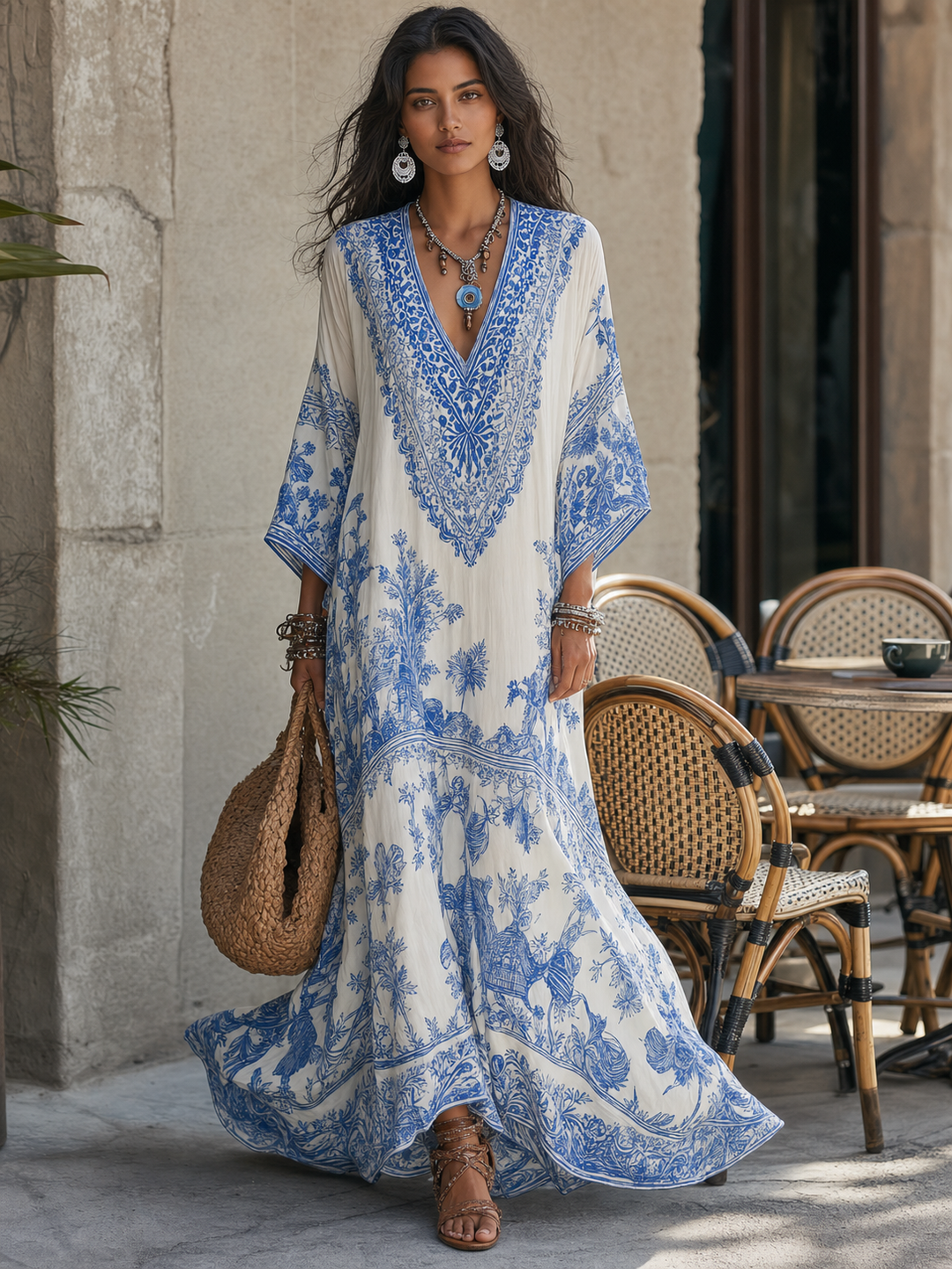 Blue Porcelain Print Kaftan Dress