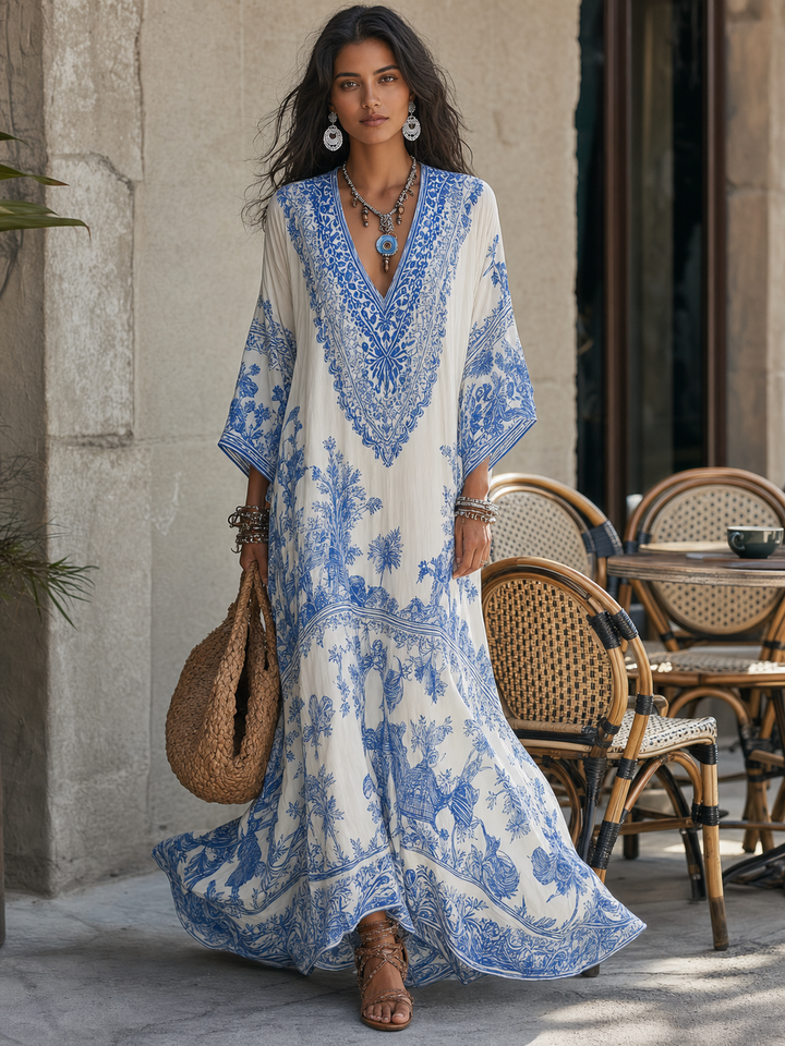 Blue Porcelain Print Kaftan Dress