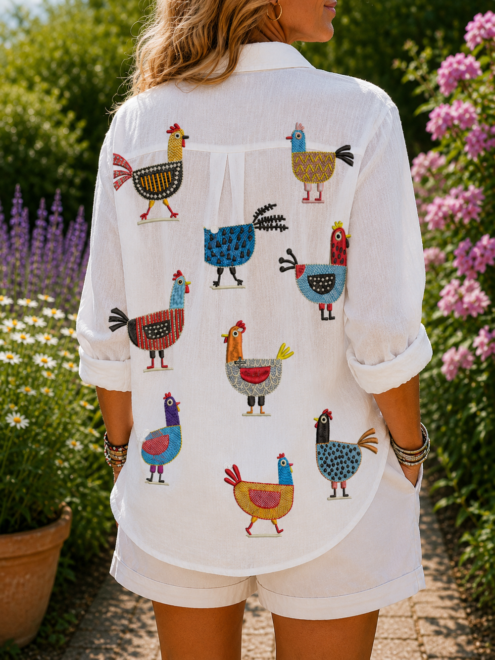 Playful Chicken Button-Up Blouse