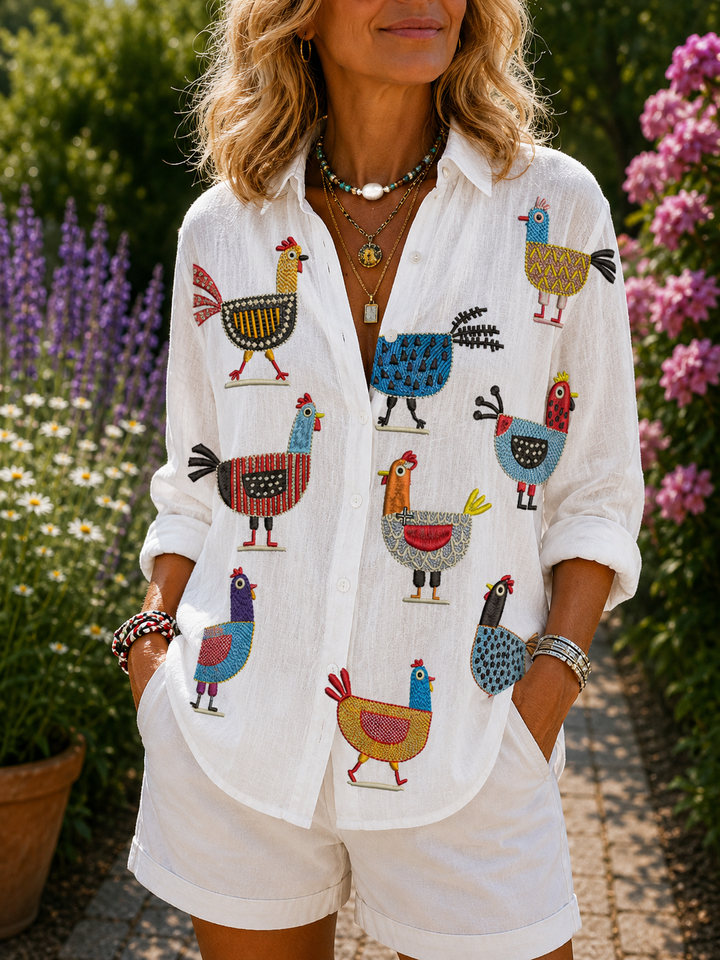 Playful Chicken Button-Up Blouse