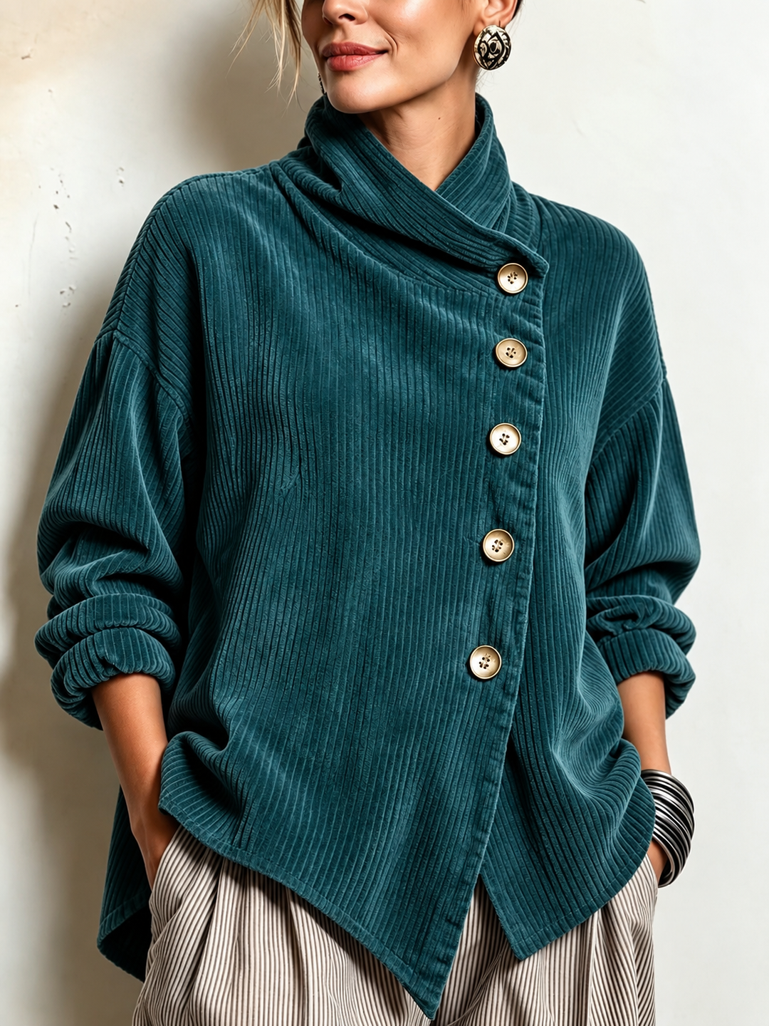 Soft Corduroy Cowl Neck Top