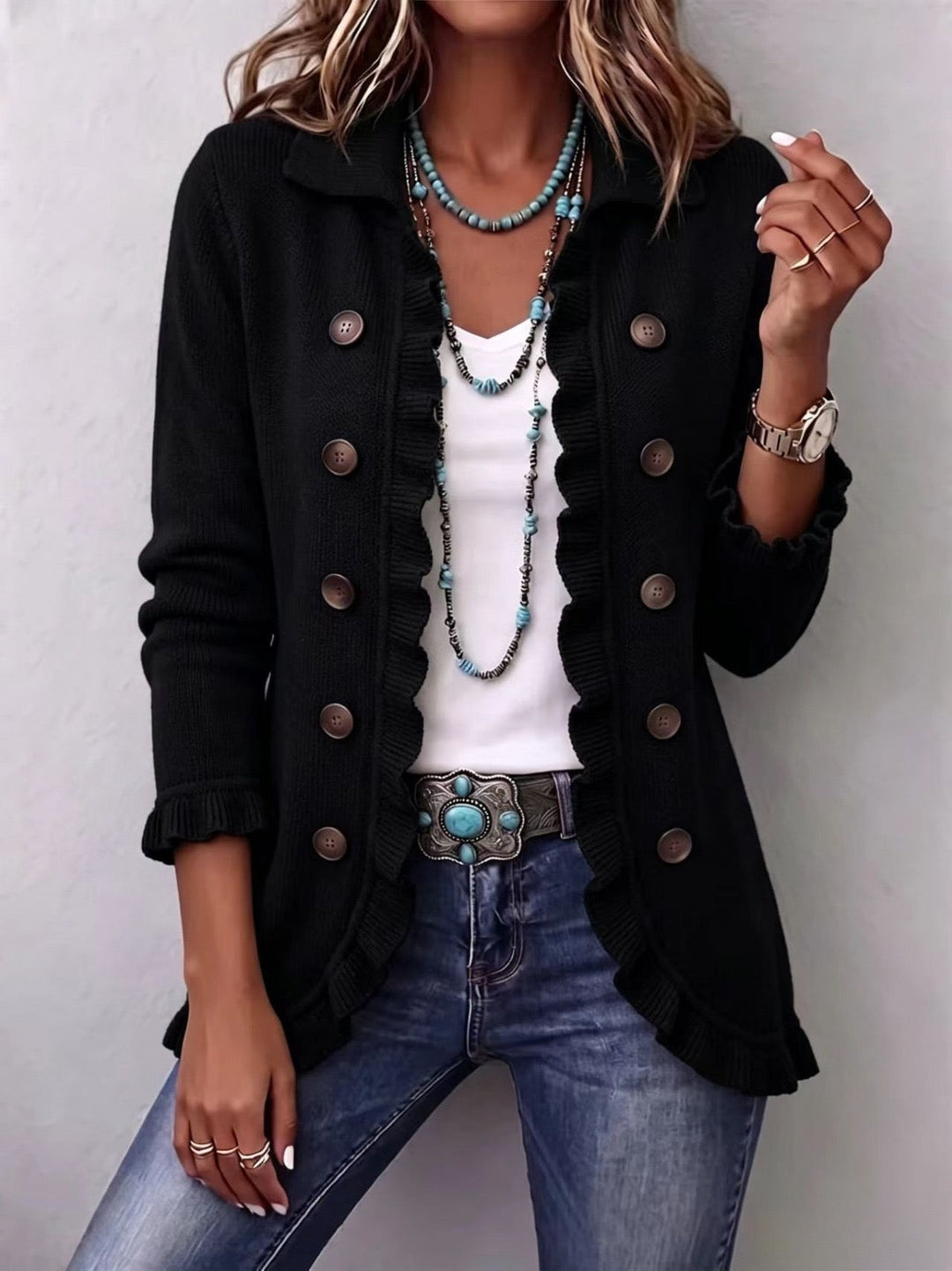 Jet Black Vintage-Inspired Frill Cardigan