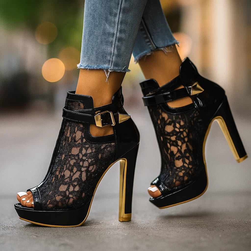 Leather Lace Block Heels