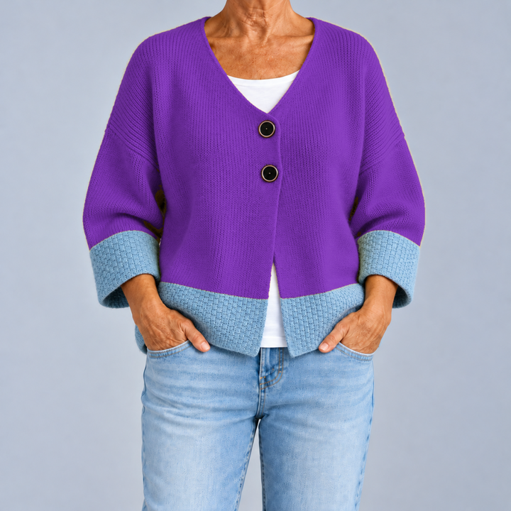 Two-Tone V-Neck Knit Cardigan