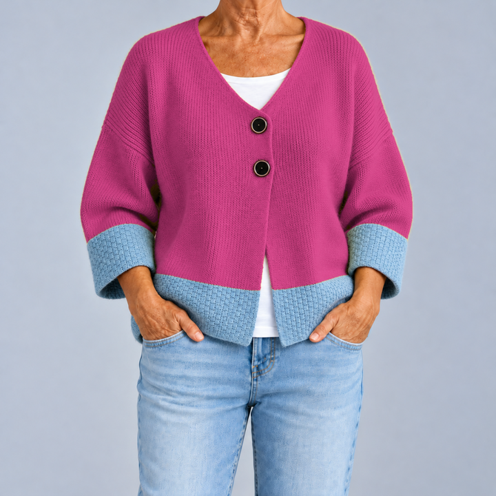 Two-Tone V-Neck Knit Cardigan