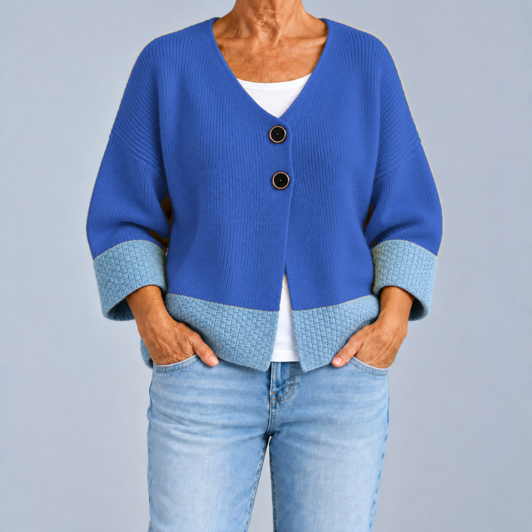 Two-Tone V-Neck Knit Cardigan