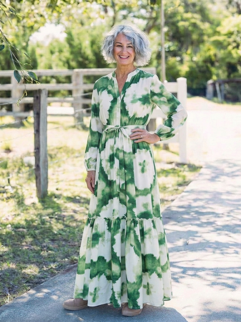 Long Sleeve Waist-Knot Maxi Dress
