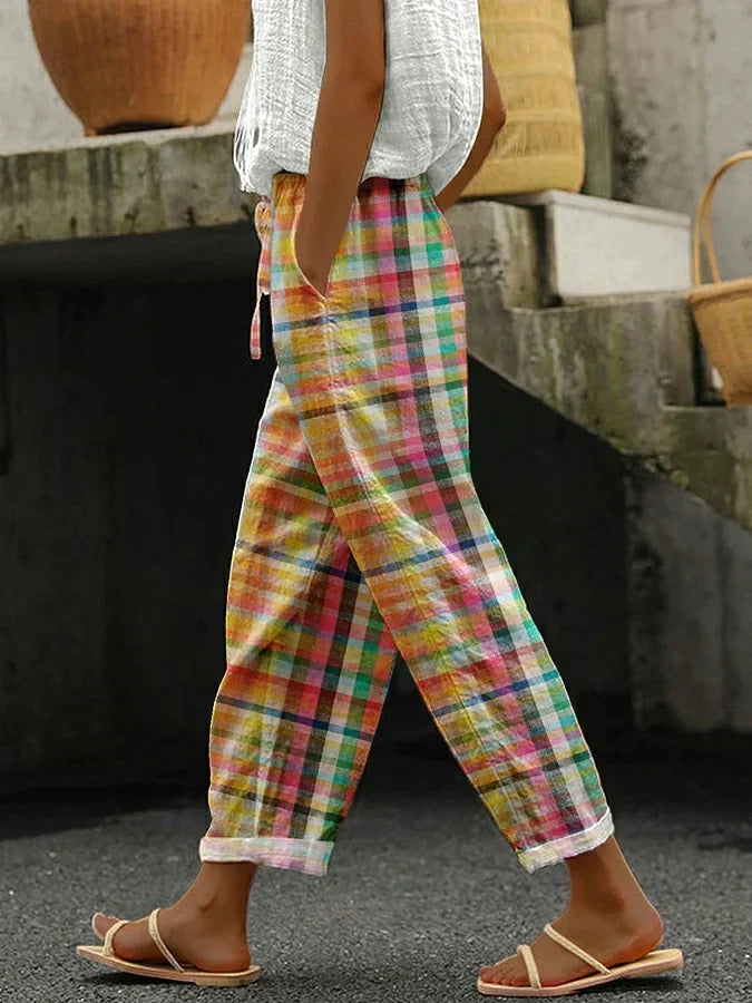 Checked Pants with Elastic Waist and Tie Closure
