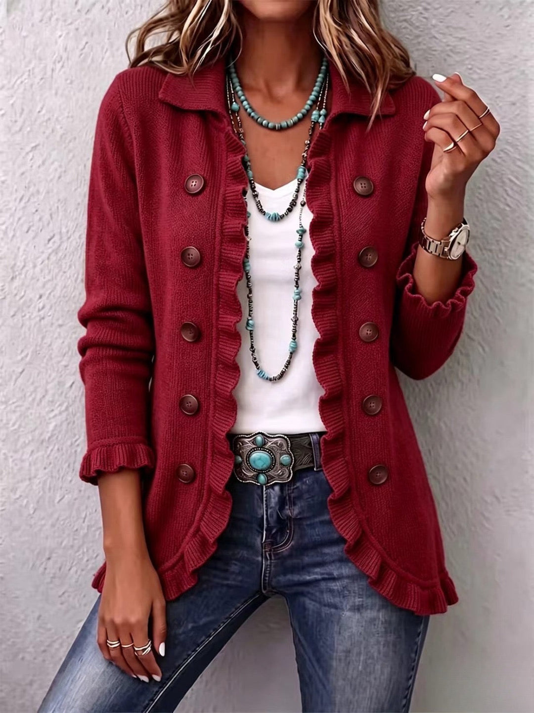 Ruby Red Vintage-Inspired Frill Cardigan
