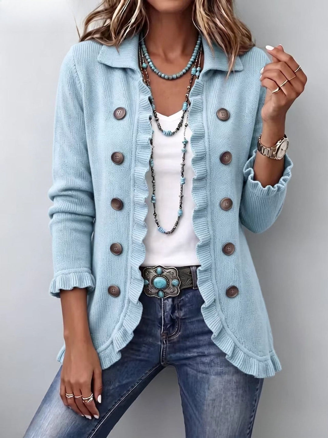 Dusty Blue Vintage-Inspired Frill Cardigan