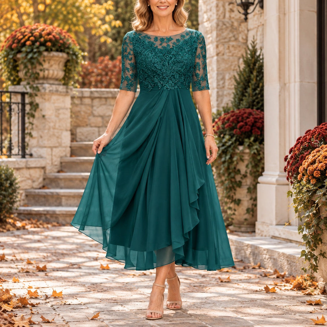Lace Bodice Draped Midi Dress Cora