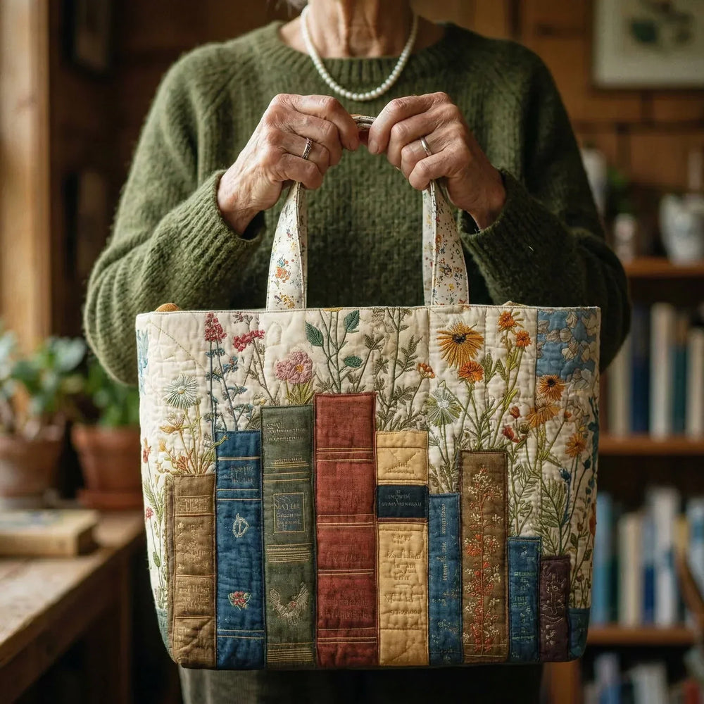 Books and Flowers Handmade Quilted Tote Bag
