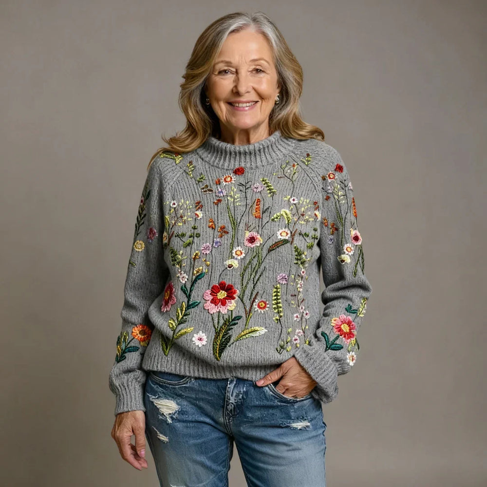 Vintage Floral Roll Neck Knitted Sweater