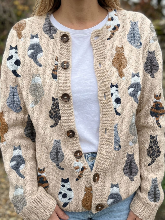 Relaxed Cat Print Cardigan