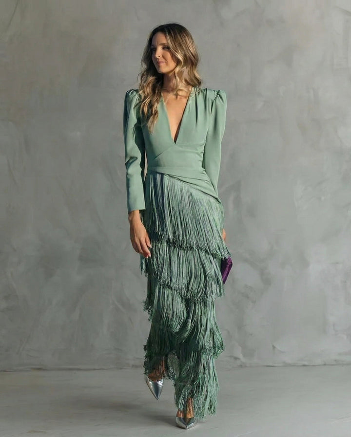 Elegant Dress with Fringe Sleeves