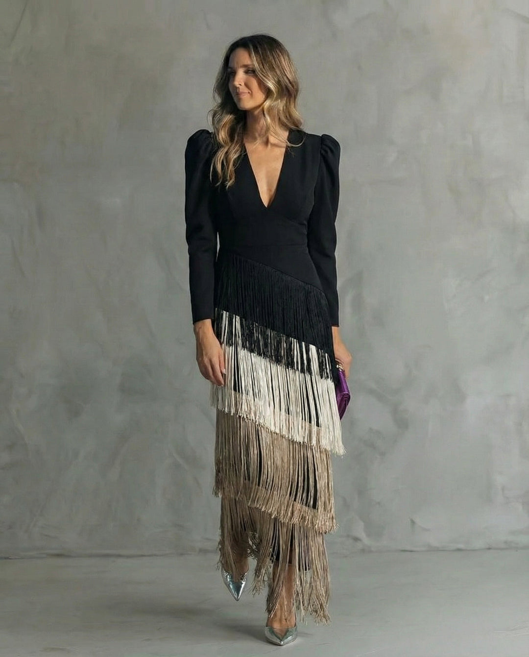 Elegant Dress with Fringe Sleeves