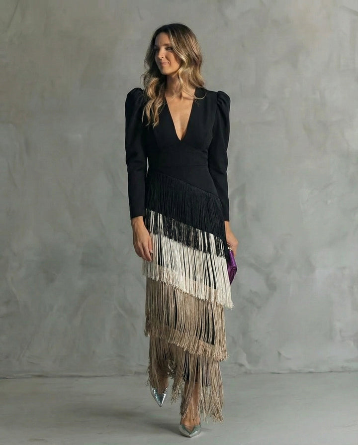 Elegant Dress with Fringe Sleeves
