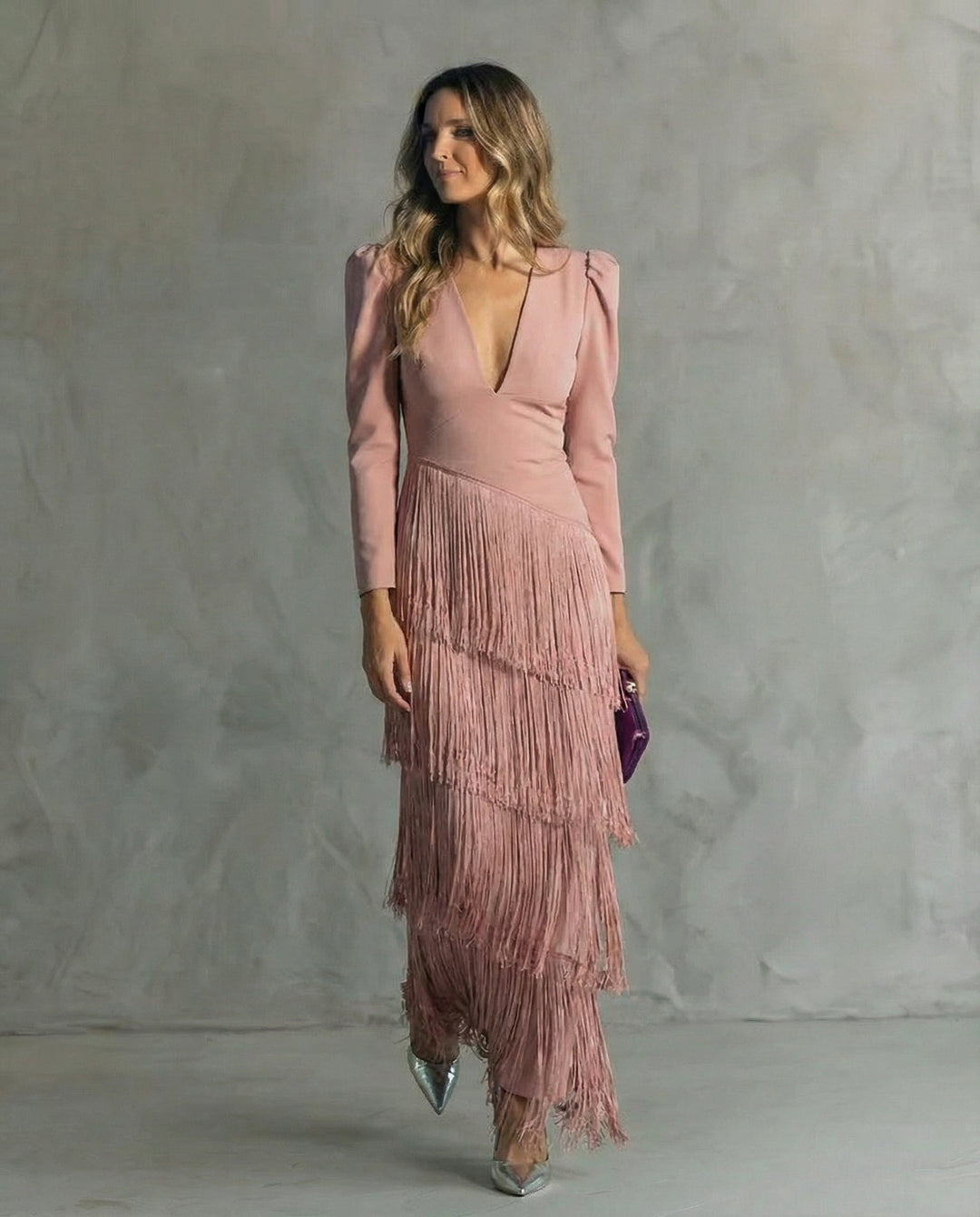 Elegant Dress with Fringe Sleeves