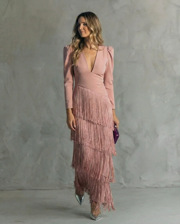 Elegant Dress with Fringe Sleeves
